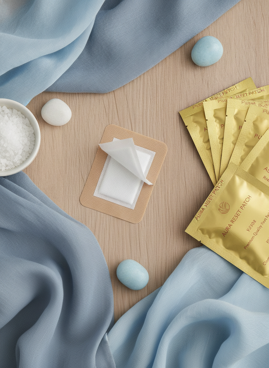 Aura Reset Patch in a luxurious flat-lay on a warm background, with subtle dusty blue and soft sky blue accents.