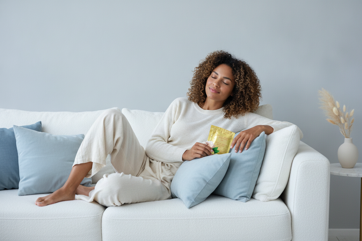A person relaxing on a white sofa with blue pillows, holding the Aura Reset Patch packaging.